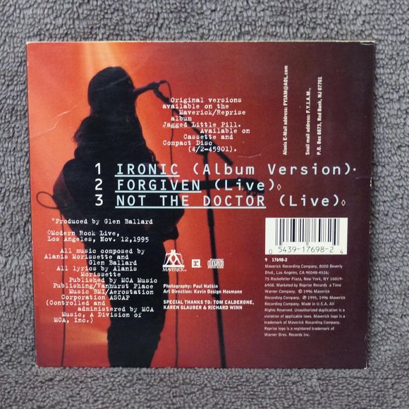 Alanis Morissette Ironic Audio CD Single Maverick 1996 Forgiven Live Rock - Picture 3 of 7